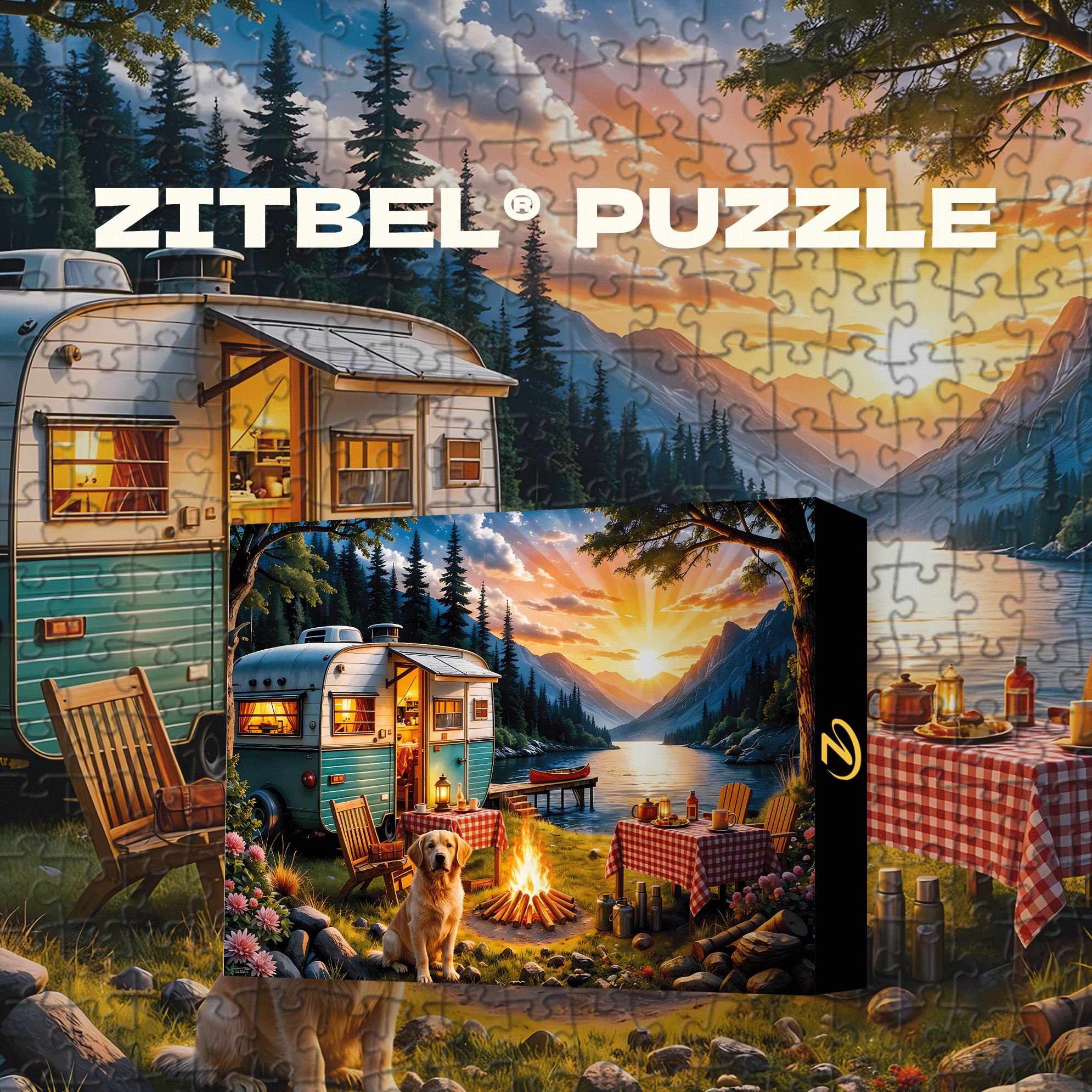 Sunset Camper With Golden Retriever 500pcs/1000pcs Jigsaw Puzzle, Scratch-Resistant, Interactive Family Game & Brain-Boosting DIY Decor, Perfect for Halloween, Christmas & New Year Gifts, Family Puzzle Game