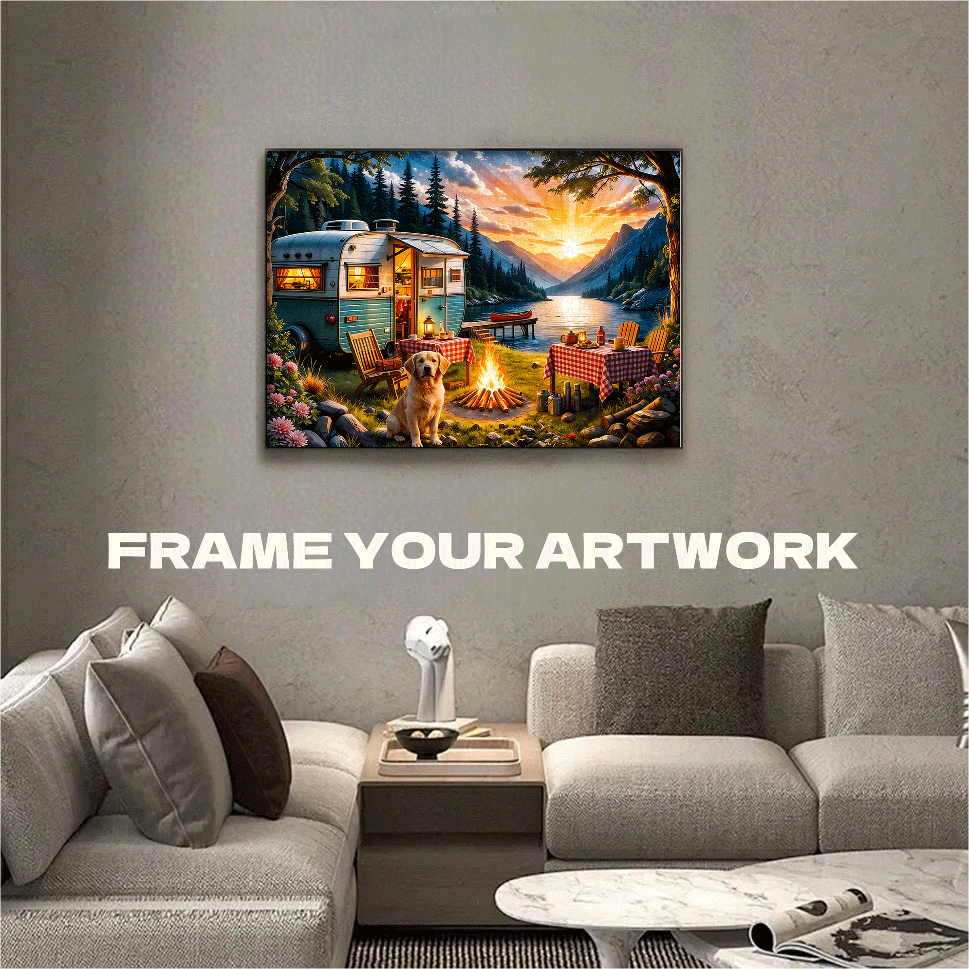 Sunset Camper With Golden Retriever 500pcs/1000pcs Jigsaw Puzzle, Scratch-Resistant, Interactive Family Game & Brain-Boosting DIY Decor, Perfect for Halloween, Christmas & New Year Gifts, Family Puzzle Game