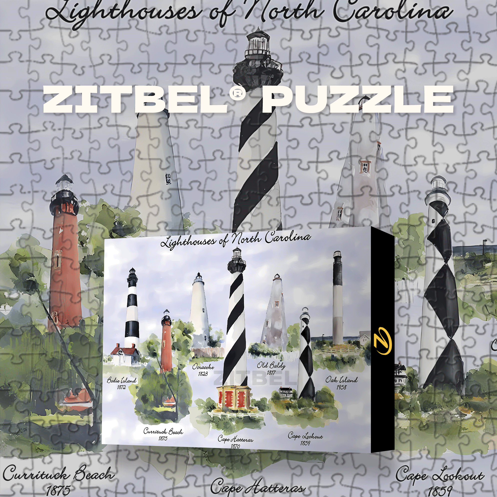Lighthouses Of North Carolina 500pcs/1000pcs Jigsaw Puzzle, Scratch-Resistant, Interactive Family Game & Brain-Boosting DIY Decor, Perfect for Halloween, Christmas & New Year Gifts, Family Puzzle Game