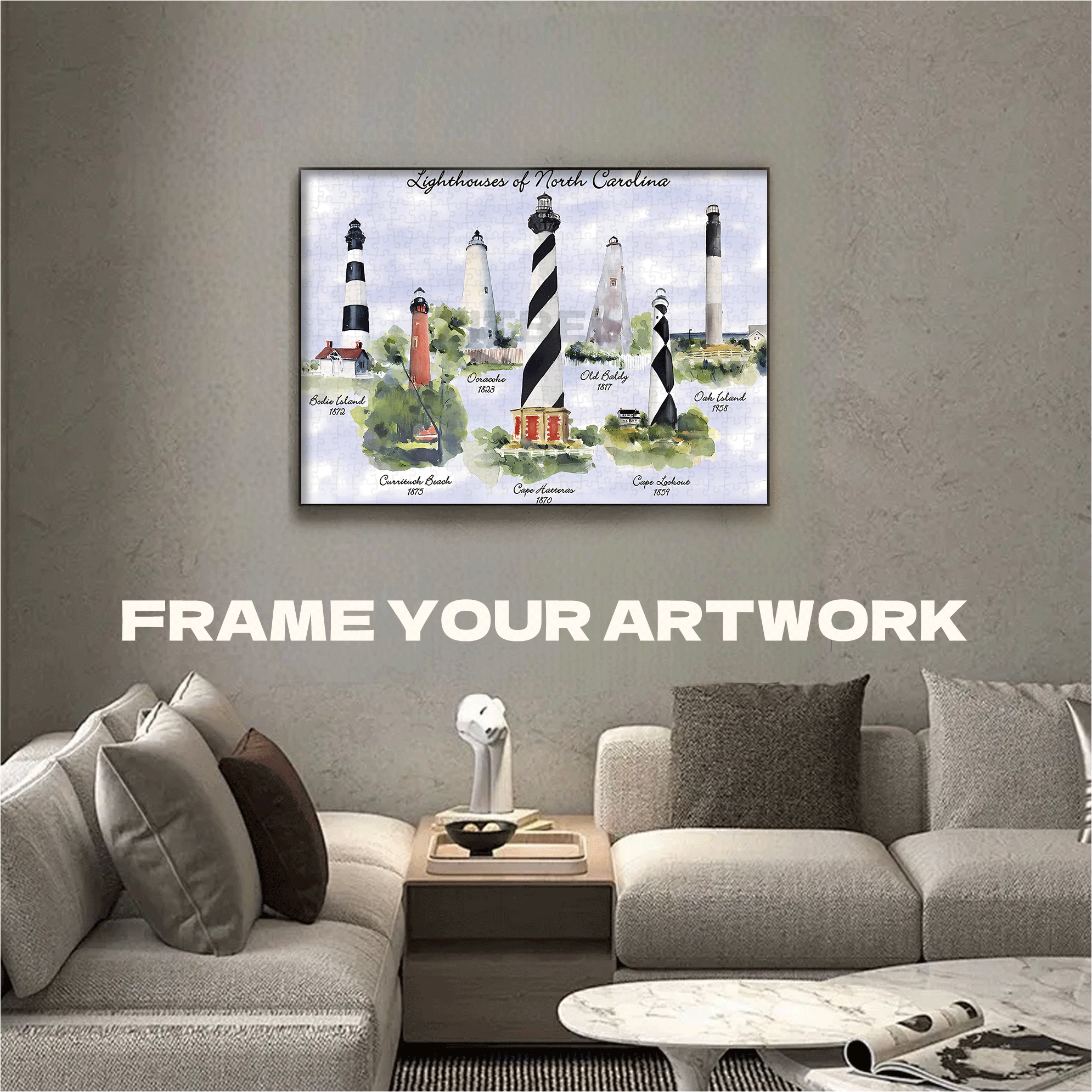 Lighthouses Of North Carolina 500pcs/1000pcs Jigsaw Puzzle, Scratch-Resistant, Interactive Family Game & Brain-Boosting DIY Decor, Perfect for Halloween, Christmas & New Year Gifts, Family Puzzle Game