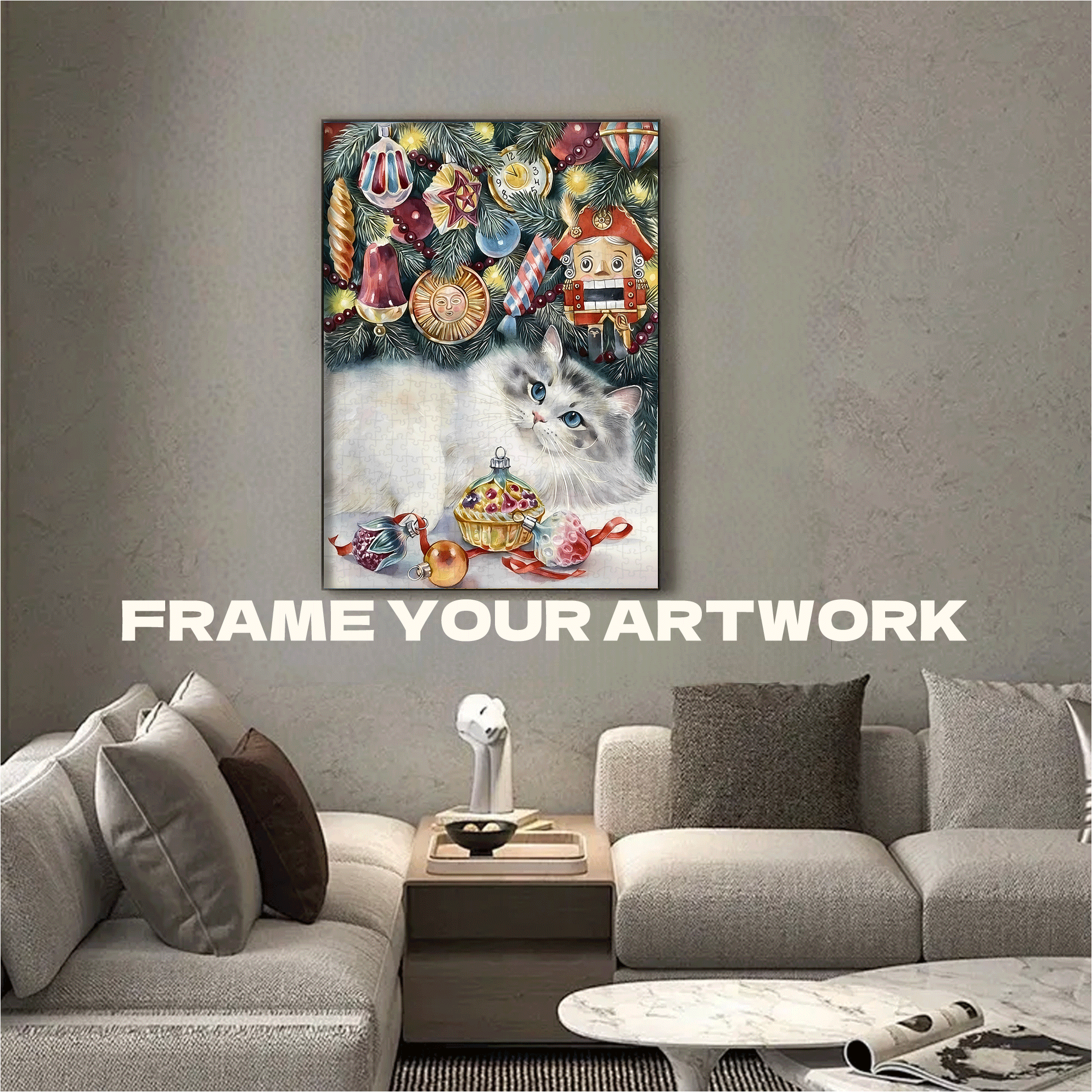 A Fluffy Cat Curiously Watching The Christmas Decorations 500pcs/1000pcs Jigsaw Puzzle, Scratch-Resistant, Interactive Family Game & Brain-Boosting DIY Decor, Perfect for Halloween, Christmas & New Year Gifts, Family Puzzle Game