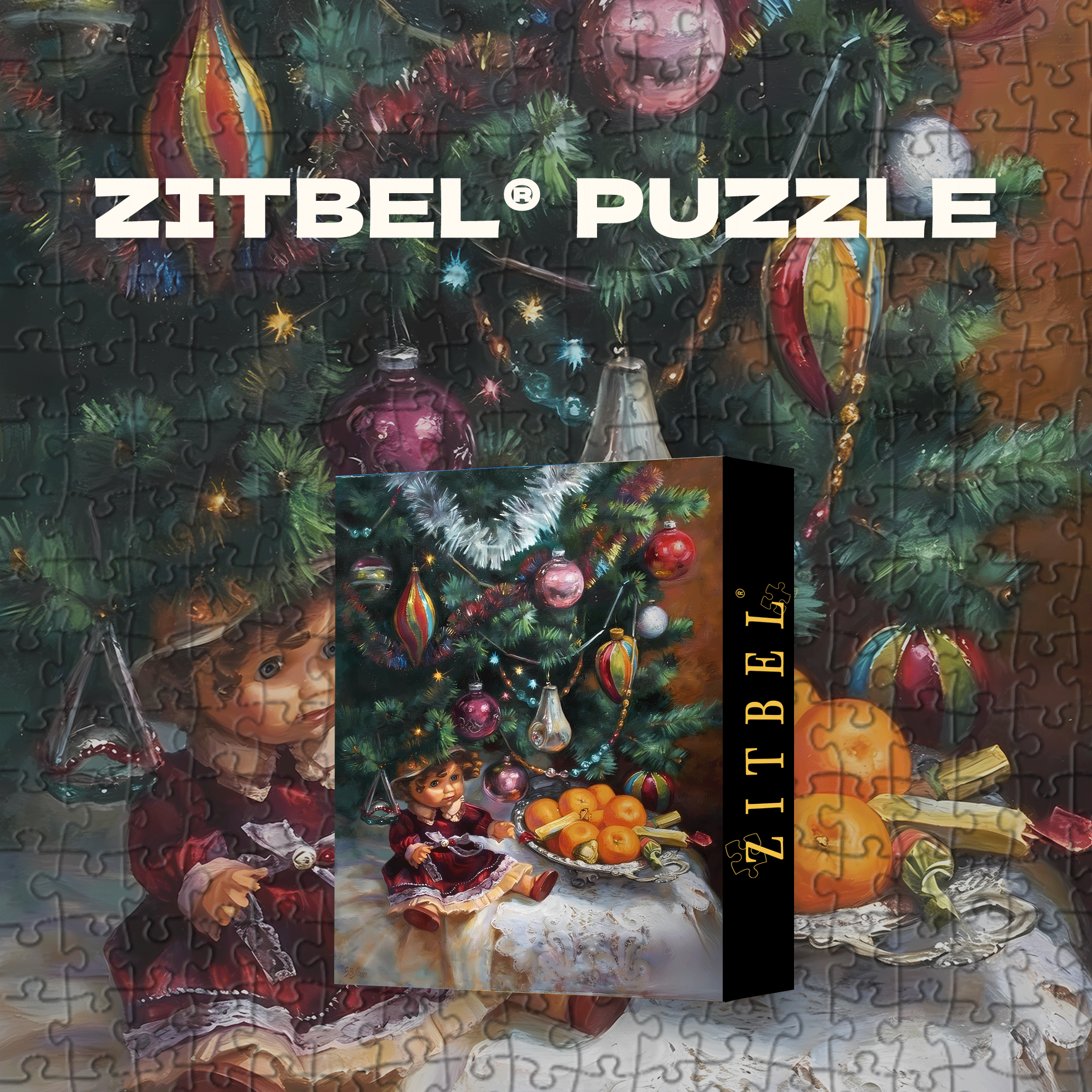 A Vintage Doll And Oranges Under The Glowing Christmas Tree 500pcs/1000pcs Jigsaw Puzzle, Scratch-Resistant, Interactive Family Game & Brain-Boosting DIY Decor, Perfect for Halloween, Christmas & New Year Gifts, Family Puzzle Game