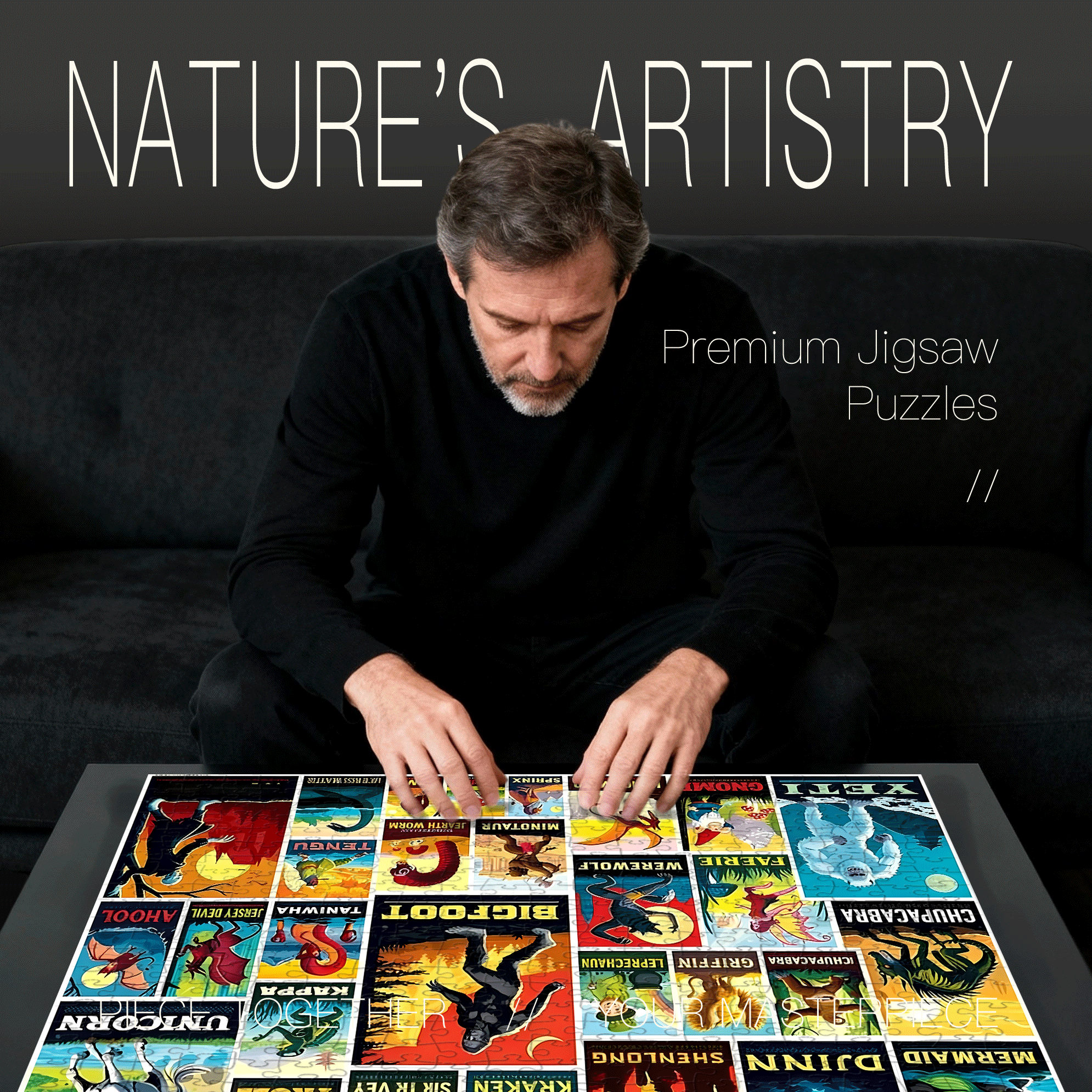 Mythical Creatures Vintage Posters Collection 500pcs/1000pcs Jigsaw Puzzle, Scratch-Resistant, Interactive Family Game & Brain-Boosting DIY Decor, Perfect for Halloween, Christmas & New Year Gifts, Family Puzzle Game