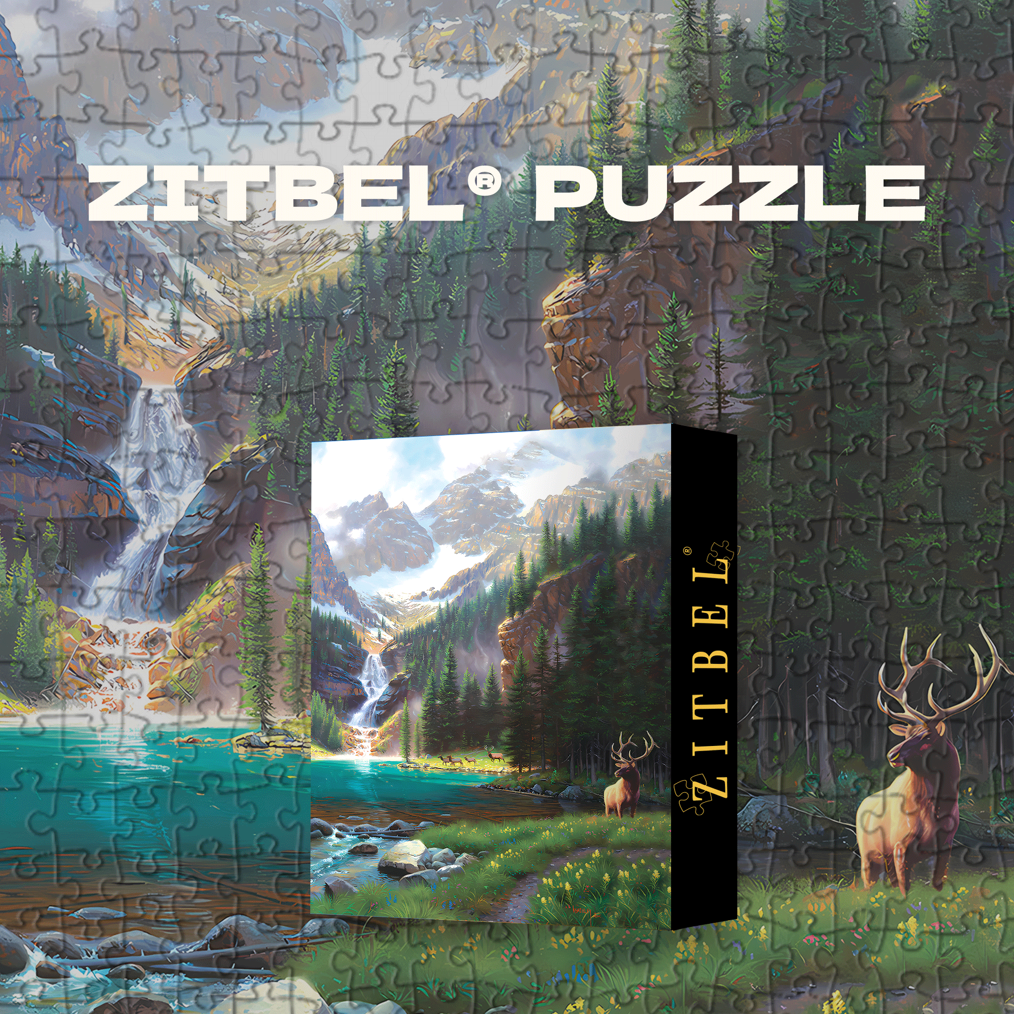 Elk At The Waterfall 500pcs/1000pcs Jigsaw Puzzle, Scratch-Resistant, Interactive Family Game & Brain-Boosting DIY Decor, Perfect for Halloween, Christmas & New Year Gifts, Family Puzzle Game