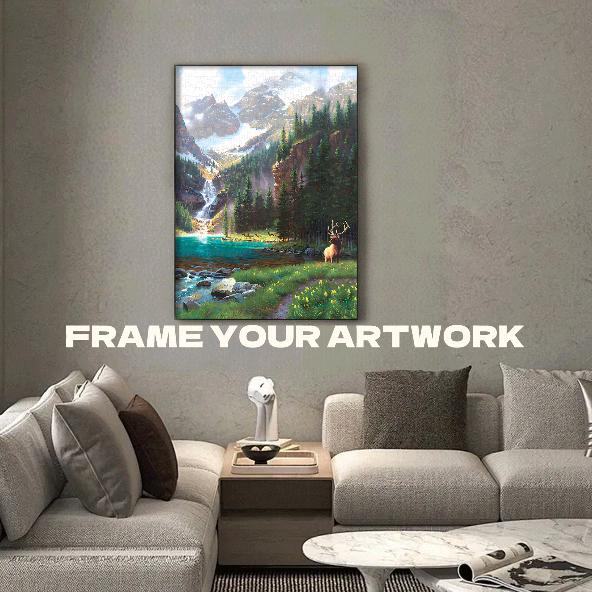 Elk At The Waterfall 500pcs/1000pcs Jigsaw Puzzle, Scratch-Resistant, Interactive Family Game & Brain-Boosting DIY Decor, Perfect for Halloween, Christmas & New Year Gifts, Family Puzzle Game