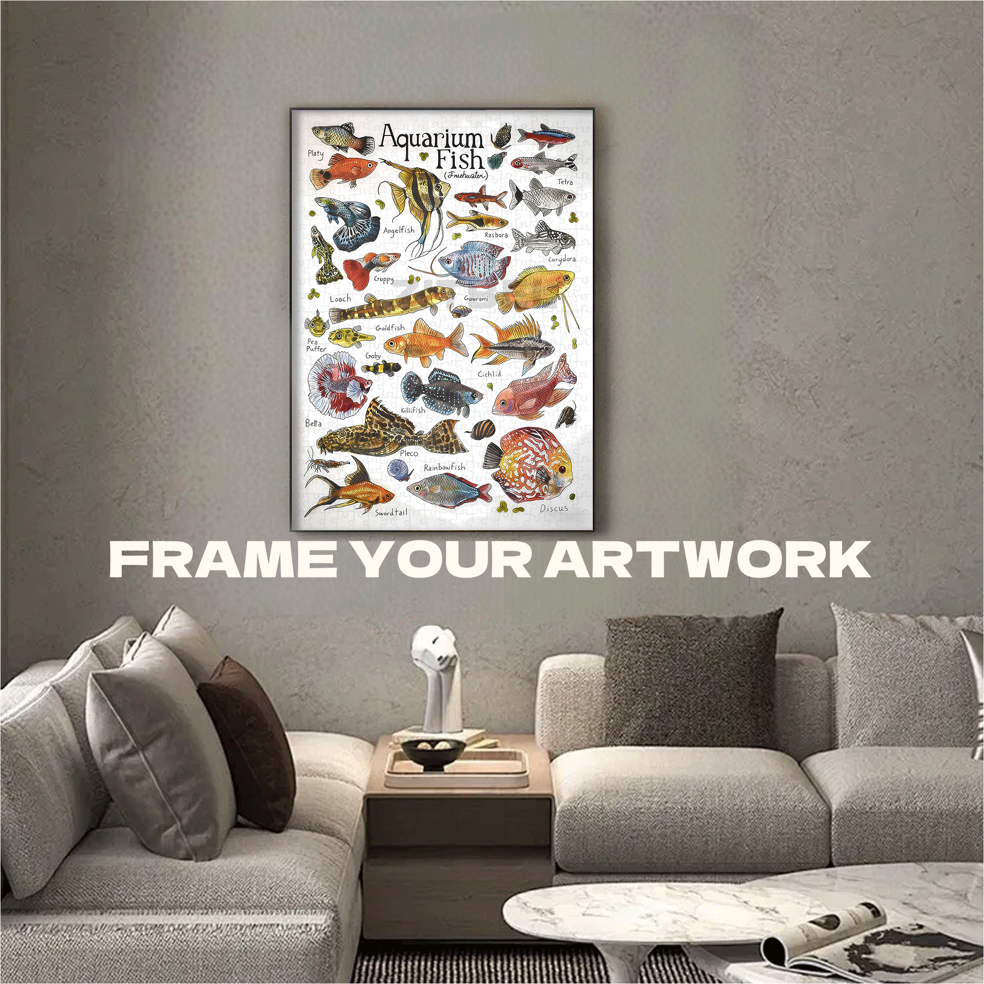 Hand-drawn Field Guide To Freshwater Aquarium Fish 500pcs/1000pcs Jigsaw Puzzle, Scratch-Resistant, Interactive Family Game & Brain-Boosting DIY Decor, Perfect for Halloween, Christmas & New Year Gifts, Family Puzzle Game