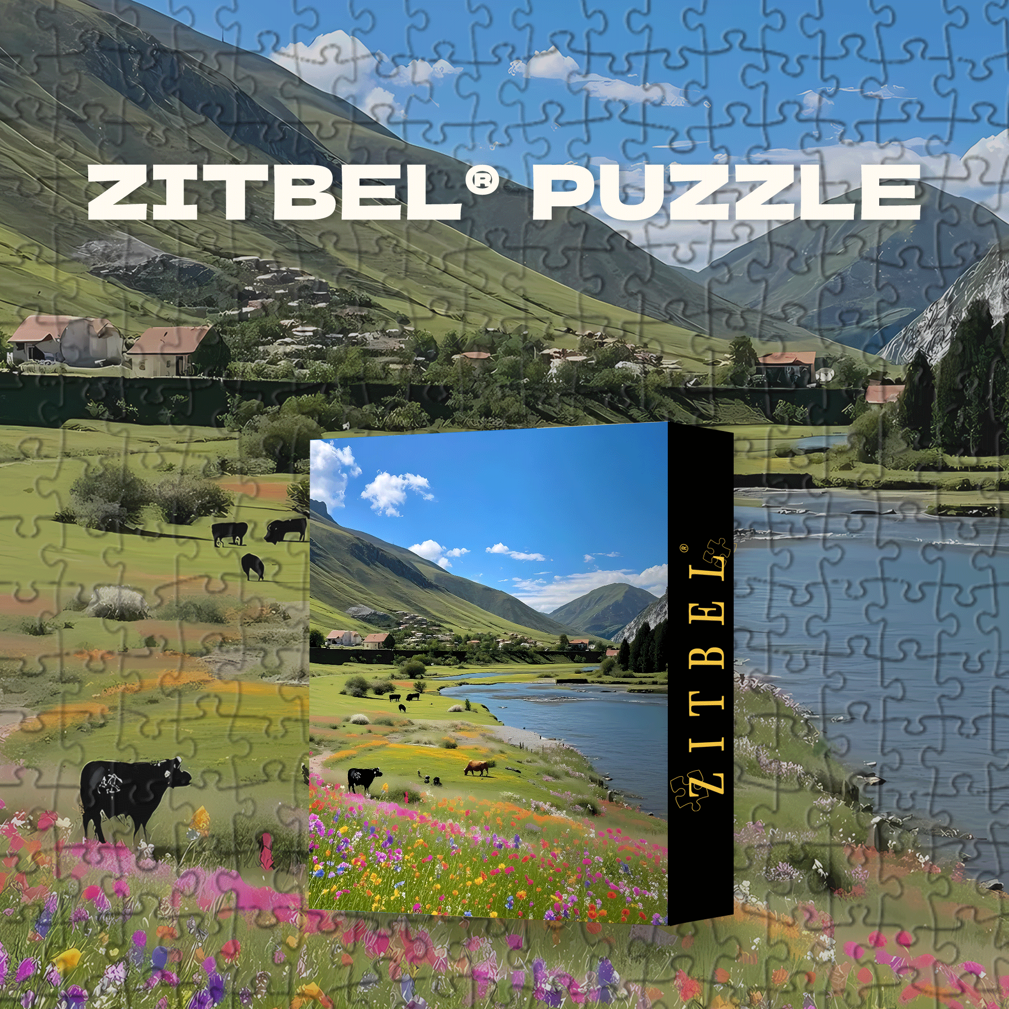 Alpine Meadow With River And Cattle 500pcs/1000pcs Jigsaw Puzzle, Scratch-Resistant, Interactive Family Game & Brain-Boosting DIY Decor, Perfect for Halloween, Christmas & New Year Gifts, Family Puzzle Game