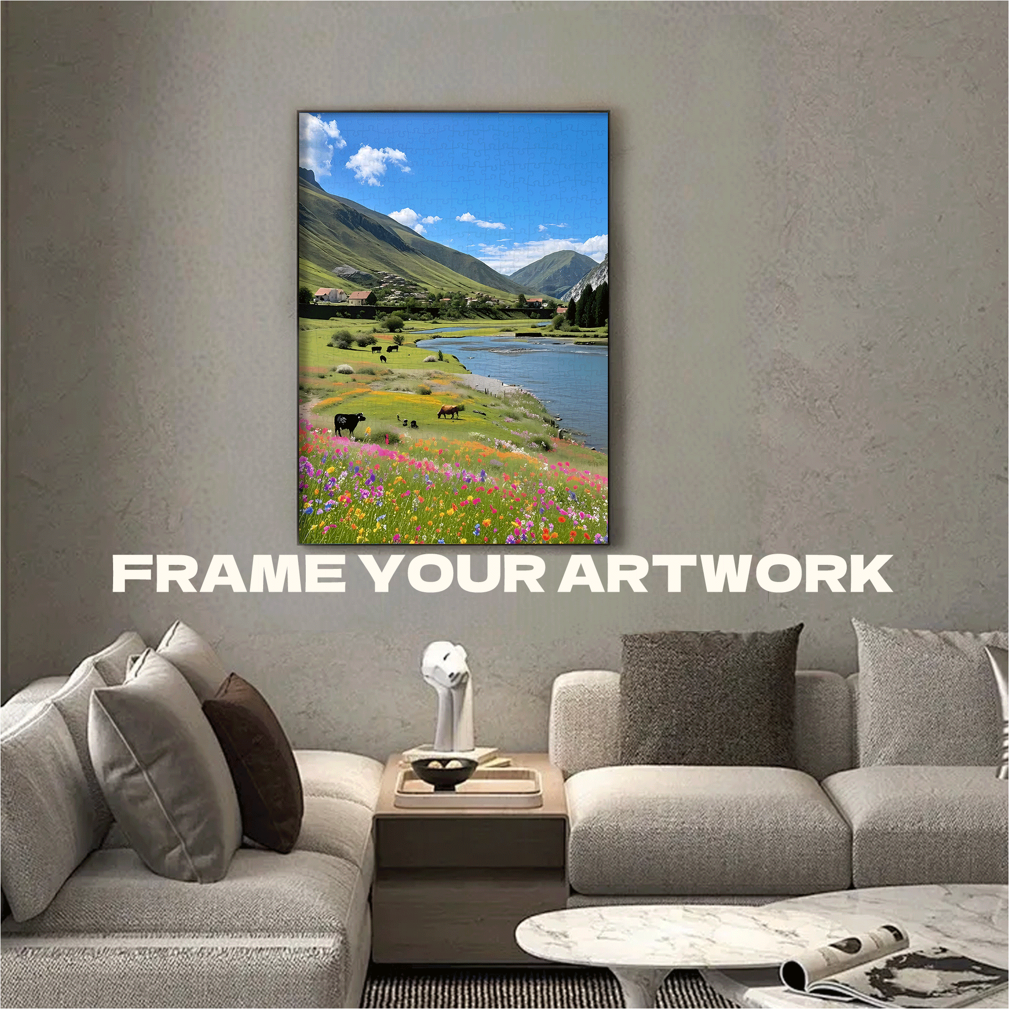 Alpine Meadow With River And Cattle 500pcs/1000pcs Jigsaw Puzzle, Scratch-Resistant, Interactive Family Game & Brain-Boosting DIY Decor, Perfect for Halloween, Christmas & New Year Gifts, Family Puzzle Game