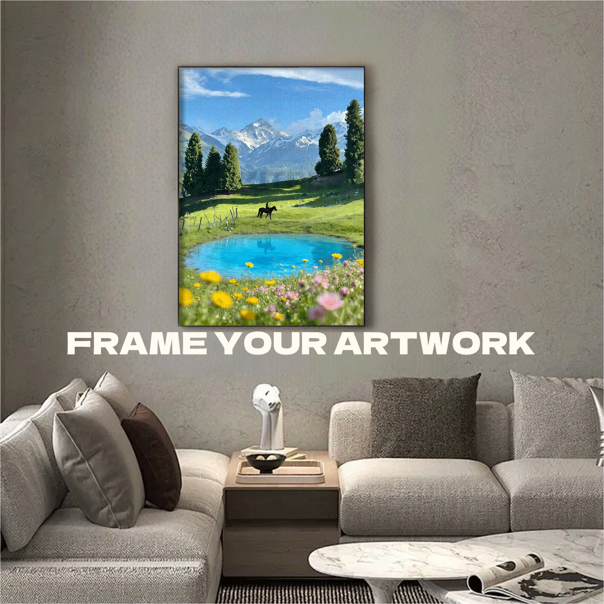 Riding by the Turquoise Lake Under Snowy Peaks 500pcs/1000pcs Jigsaw Puzzle, Scratch-Resistant, Interactive Family Game & Brain-Boosting DIY Decor, Perfect for Halloween, Christmas & New Year Gifts, Family Puzzle Game